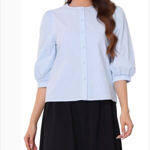 🦋Allegra K 3/4 Sleeve Button Down Puff Sleeve Crew Neck Casual Light Blue Blouse
